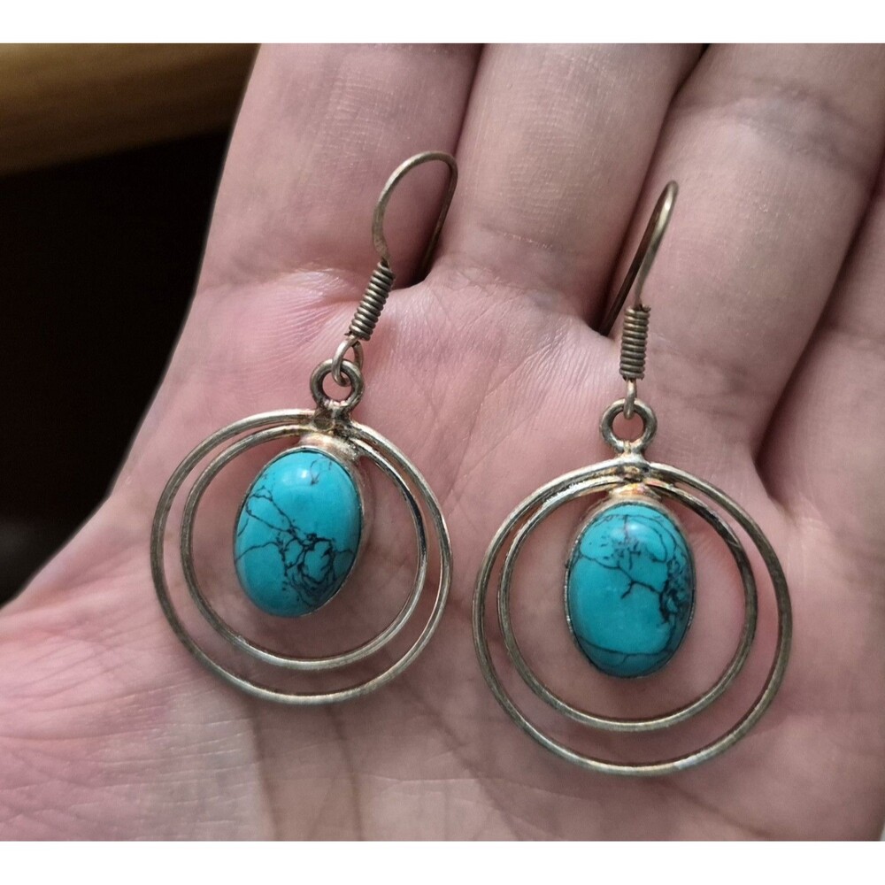 Vintage Hand Made Turquoise Dangle Hoops 925 Sterling Silver Earrings